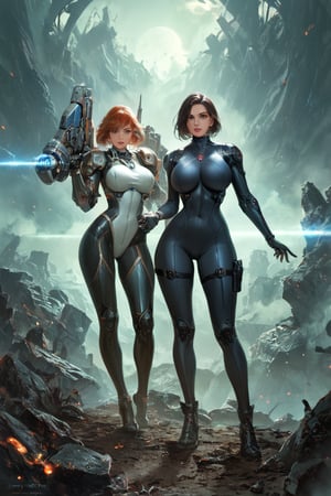 score_9, score_8_up, score_7_up, score_6_up, score_5_up, score_4_up, BREAK 2 girls, looking around, weapons at the ready, dynamic stance, huge breasts, huge curvy hips, narrow waist, skinny, skin tight battle suit, cerulean blue, armor, futuristic, sci-fi, cyberware, cybertech, unexplored world, mist, ancient marvelous structures, ultra highres, atmosphere of mystery and danger, (detailed face:1.2), (detailed eyes:1.2), detailed background, intricate, foggy landscape, ghost person,score_9_up