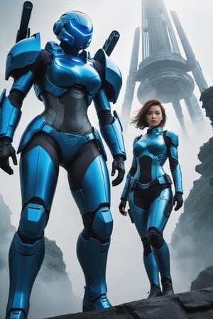 2 girls, looking around, weapons at the ready, dynamic stance, huge breasts, huge curvy hips, narrow waist, skinny, skin tight battle suit, cerulean blue, armor, futuristic, sci-fi, cyberware, cybertech, unexplored world, mist, ancient marvelous structures, ultra highres, atmosphere of mystery and danger, (detailed face:1.2), (detailed eyes:1.2), detailed background, intricate, foggy landscape, masterpiece, best quality