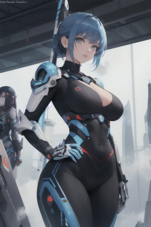 2 girls, looking around, weapons at the ready, dynamic stance, huge breasts, huge curvy hips, narrow waist, skinny, skin tight battle suit, cerulean blue, armor, futuristic, sci-fi, cyberware, cybertech, unexplored world, mist, ancient marvelous structures, ultra highres, atmosphere of mystery and danger, (detailed face:1.2), (detailed eyes:1.2), detailed background, intricate, foggy landscape, masterpiece, best quality