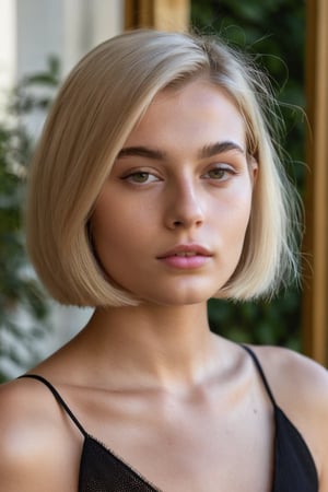 photography, realistic, raw photo, reddit, closeup, italian girl, 18 years old, blonde straight bob hair, translucent exquisite top