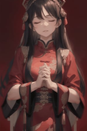 A Chinese ancient beauty is praying, with hands clasped together, eyes closed in silence, wearing a solemn yet beautiful expression, Red Background