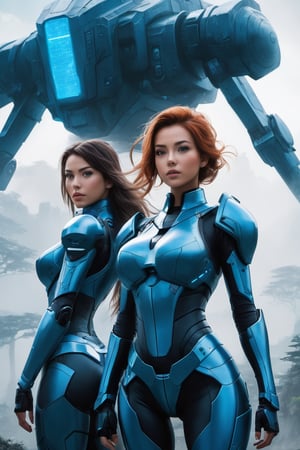 2 girls, looking around, weapons at the ready, dynamic stance, huge breasts, huge curvy hips, narrow waist, skinny, skin tight battle suit, cerulean blue, armor, futuristic, sci-fi, cyberware, cybertech, unexplored world, mist, ancient marvelous structures, ultra highres, atmosphere of mystery and danger, (detailed face:1.2), (detailed eyes:1.2), detailed background, intricate, foggy landscape, masterpiece, best quality,