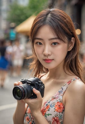 photography, realistic, raw photo, photo of a beautiful korean girl in floral printed sundress, on Seoul street, detailed iris and pupil, textured skin, realistic, intricate detailed, flash photography, realistic, amazing photo, Camera="NIKON Z9", Lens="NIKKOR Z 24-70mm f/2.8 S", "Aperture-of=f/8", "ISO=400"