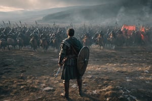 Roman legionnaire, observing a battlefield, side shot, thousands of romans and barbarians are fighting in the backgound, two armies, battle, war scene, (RAW photo, best quality), (realistic, photo-Realistic:1.3), best quality, masterpiece, beautiful and aesthetic, 32K, high contrast, (vibrant color:1.4), cinematic lighting, ambient lighting, sidelighting, exquisite details and textures, cinematic shot, (bright and intense:1.2), a flawlessly composed and exquisitely lit photograph captures the essence of art, filigree elements, glowing accents, perfect composition on complex backgrounds, breathtaking surreal masterpiece, hyperrealistic inspired by Egon Schiele, Luis Royo, artistic, enchanting colors, masterful shadows, hyper details, hyperrealistic, otherworldly, by Yoshitaka Amano, Yoji Shinkawa, complex background, perfect composition, epic, rtx on, octane render, UHD, ghost person