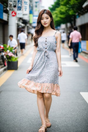 photo of a beautiful korean girl in floral printed sundress, on Seoul street