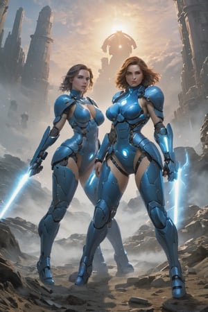 2 girls, looking around, weapons at the ready, dynamic stance, huge breasts, huge curvy hips, narrow waist, skinny, skin tight battle suit, cerulean blue, armor, futuristic, sci-fi, cyberware, cybertech, unexplored world, mist, ancient marvelous structures, ultra highres, atmosphere of mystery and danger, (detailed face:1.2), (detailed eyes:1.2), detailed background, intricate, foggy landscape, style by greg rutkowski, ultra realistic, masterpiece, sharp focus, sharp details, highly detailed, rich color, 8K,style of Greg Rutkowski