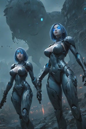 2 girls, looking around, weapons at the ready, dynamic stance, huge breasts, huge curvy hips, narrow waist, skinny, skin tight battle suit, cerulean blue, armor, futuristic, sci-fi, cyberware, cybertech, unexplored world, mist, ancient marvelous structures, ultra highres, atmosphere of mystery and danger, (detailed face:1.2), (detailed eyes:1.2), detailed background, intricate, foggy landscape, striking cinematic illustration, dramatic and intense atmosphere, the overall color palette is dark and moody, with splashes of vibrant colors, creating a conceptual and immersive experience. illustration, poster, conceptual art, cinematic, vibrant