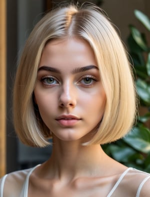 photography, realistic, raw photo, reddit, closeup, italian girl, 18 years old, blonde straight bob hair, translucent exquisite top