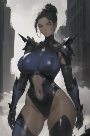 2 girls, looking around, weapons at the ready, dynamic stance, huge breasts, huge curvy hips, narrow waist, skinny, skin tight battle suit, cerulean blue, armor, futuristic, sci-fi, cyberware, cybertech, unexplored world, mist, ancient marvelous structures, ultra highres, atmosphere of mystery and danger, (detailed face:1.2), (detailed eyes:1.2), detailed background, intricate, foggy landscape, masterpiece, best quality