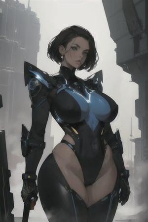 2 girls, looking around, weapons at the ready, dynamic stance, huge breasts, huge curvy hips, narrow waist, skinny, skin tight battle suit, cerulean blue, armor, futuristic, sci-fi, cyberware, cybertech, unexplored world, mist, ancient marvelous structures, ultra highres, atmosphere of mystery and danger, (detailed face:1.2), (detailed eyes:1.2), detailed background, intricate, foggy landscape, masterpiece, best quality