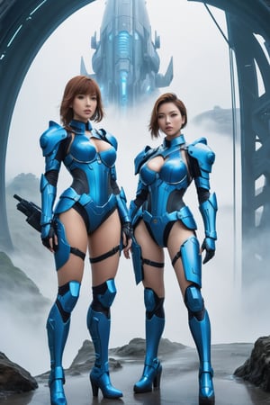 2 girls, looking around, weapons at the ready, dynamic stance, huge breasts, huge curvy hips, narrow waist, skinny, skin tight battle suit, cerulean blue, armor, futuristic, sci-fi, cyberware, cybertech, unexplored world, mist, ancient marvelous structures, ultra highres, atmosphere of mystery and danger, (detailed face:1.2), (detailed eyes:1.2), detailed background, intricate, foggy landscape, masterpiece, best quality