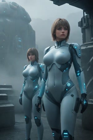 2 girls, looking around, weapons at the ready, dynamic stance, huge breasts, huge curvy hips, narrow waist, skinny, skin tight battle suit, cerulean blue, armor, futuristic, sci-fi, cyberware, cybertech, unexplored world, mist, ancient marvelous structures, ultra highres, atmosphere of mystery and danger, (detailed face:1.2), (detailed eyes:1.2), detailed background, intricate, foggy landscape, ultra wide lanscape shot, side shot, ultra detailed, realistic grayish colors, cinematic moviemaker style, elina, Decora_SWstyle, animification