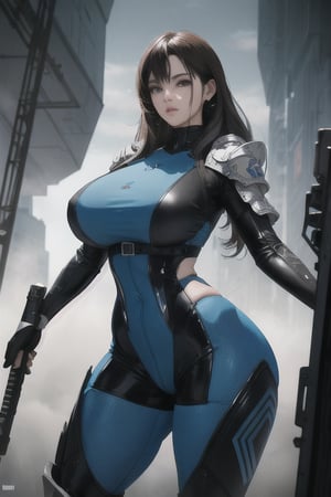 2 girls, looking around, weapons at the ready, dynamic stance, huge breasts, huge curvy hips, narrow waist, skinny, skin tight battle suit, cerulean blue, armor, futuristic, sci-fi, cyberware, cybertech, unexplored world, mist, ancient marvelous structures, ultra highres, atmosphere of mystery and danger, (detailed face:1.2), (detailed eyes:1.2), detailed background, intricate, foggy landscape, Masterpiece,masterpiece