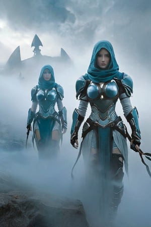 2 girls, looking around, weapons at the ready, dynamic stance, huge breasts, huge curvy hips, narrow waist, skinny, skin tight battle suit, cerulean blue, armor, futuristic, sci-fi, cyberware, cybertech, unexplored world, mist, ancient marvelous structures, ultra highres, atmosphere of mystery and danger, (detailed face:1.2), (detailed eyes:1.2), detailed background, intricate, foggy landscape, ghost person