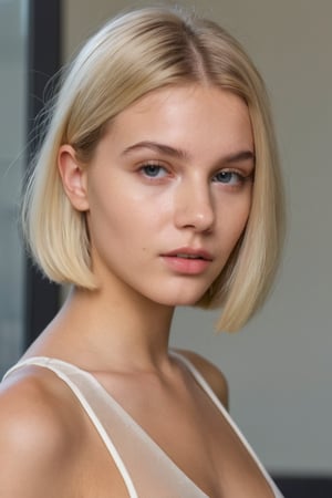 photography, realistic, raw photo, reddit, closeup, italian girl, 18 years old, blonde straight bob hair, translucent exquisite top