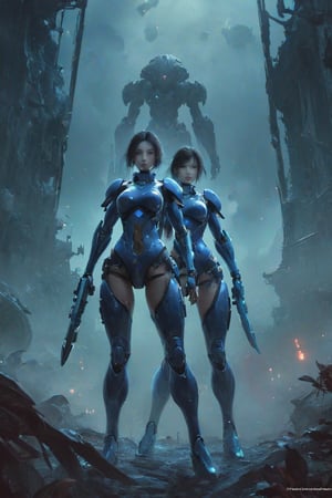 2 girls, looking around, weapons at the ready, dynamic stance, huge breasts, huge curvy hips, narrow waist, skinny, skin tight battle suit, cerulean blue, armor, futuristic, sci-fi, cyberware, cybertech, unexplored world, mist, ancient marvelous structures, ultra highres, atmosphere of mystery and danger, (detailed face:1.2), (detailed eyes:1.2), detailed background, intricate, foggy landscape, striking cinematic illustration, dramatic and intense atmosphere, the overall color palette is dark and moody, with splashes of vibrant colors, creating a conceptual and immersive experience. illustration, poster, conceptual art, cinematic, vibrant