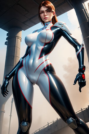 2 girls, looking around, weapons at the ready, dynamic stance, huge breasts, huge curvy hips, narrow waist, skinny, skin tight translucent white glossy smooth bodysuit, armor, futuristic, sci-fi, cyberware, cybertech, unexplored world, mist, ancient marvelous structures, ultra highres, atmosphere of mystery and danger, (detailed face:1.2), (detailed eyes:1.2), detailed background, intricate, foggy landscape, masterpiece, best quality, perfect, Enhance, FUJI, rubbersuit02, rubbersuit, realhands, Extremely Realistic, latex suit, rubber suit