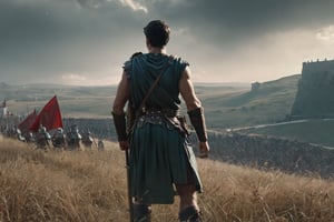 Roman legionnaire, observing a battlefield, side shot, thousands of romans and barbarians are fighting in the backgound, two armies, battle, war scene, banners, (RAW photo, best quality), (realistic, photo-Realistic:1.3), best quality, masterpiece, beautiful and aesthetic, 32K, high contrast, (vibrant color:1.4), cinematic lighting, ambient lighting, sidelighting, exquisite details and textures, cinematic shot, (bright and intense:1.2), a flawlessly composed and exquisitely lit photograph captures the essence of art, filigree elements, glowing accents, perfect composition on complex backgrounds, breathtaking surreal masterpiece, hyperrealistic inspired by Egon Schiele, Luis Royo, artistic, enchanting colors, masterful shadows, hyper details, hyperrealistic, otherworldly, by Yoshitaka Amano, Yoji Shinkawa, complex background, perfect composition, epic, rtx on, octane render, UHD, ghost person