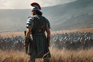 Roman legionnaire, observing a battlefield, side shot, thousands of romans and barbarians are fighting in the backgound, two armies, battle, war scene, banners, (RAW photo, best quality), (realistic, photo-Realistic:1.3), best quality, masterpiece, beautiful and aesthetic, 32K, high contrast, (vibrant color:1.4), cinematic lighting, ambient lighting, sidelighting, exquisite details and textures, cinematic shot, (bright and intense:1.2), a flawlessly composed and exquisitely lit photograph captures the essence of art, filigree elements, glowing accents, perfect composition on complex backgrounds, breathtaking surreal masterpiece, hyperrealistic inspired by Egon Schiele, Luis Royo, artistic, enchanting colors, masterful shadows, hyper details, hyperrealistic, otherworldly, by Yoshitaka Amano, Yoji Shinkawa, complex background, perfect composition, epic, rtx on, octane render, UHD, ghost person