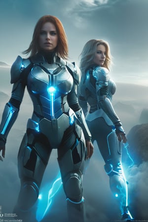 2 girls, looking around, weapons at the ready, dynamic stance, huge breasts, huge curvy hips, narrow waist, skinny, skin tight battle suit, cerulean blue, armor, futuristic, sci-fi, cyberware, cybertech, unexplored world, mist, ancient marvelous structures, ultra highres, atmosphere of mystery and danger, (detailed face:1.2), (detailed eyes:1.2), detailed background, intricate, foggy landscape, ghost person,score_9