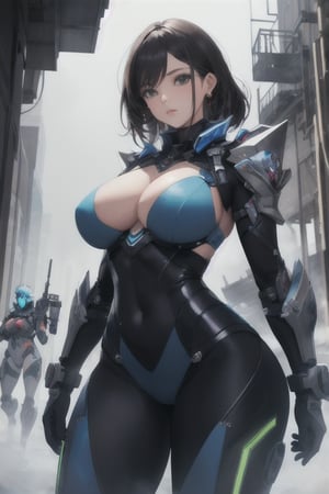 2 girls, looking around, weapons at the ready, dynamic stance, huge breasts, huge curvy hips, narrow waist, skinny, skin tight battle suit, cerulean blue, armor, futuristic, sci-fi, cyberware, cybertech, unexplored world, mist, ancient marvelous structures, ultra highres, atmosphere of mystery and danger, (detailed face:1.2), (detailed eyes:1.2), detailed background, intricate, foggy landscape, masterpiece, best quality