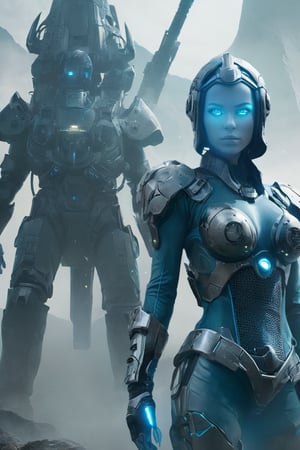 2 girls, looking around, weapons at the ready, dynamic stance, huge breasts, huge curvy hips, narrow waist, skinny, skin tight battle suit, cerulean blue, armor, futuristic, sci-fi, cyberware, cybertech, unexplored world, mist, ancient marvelous structures, ultra highres, atmosphere of mystery and danger, (detailed face:1.2), (detailed eyes:1.2), detailed background, intricate, foggy landscape, ghost person