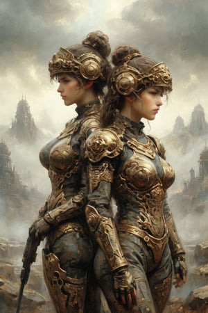 2 girls, looking around, weapons at the ready, dynamic stance, huge breasts, huge curvy hips, narrow waist, skinny, skin tight battle suit, ff6cdc color, armor, futuristic, sci-fi, cyberware, cybertech, unexplored world, mist, ancient marvelous structures, ultra highres, atmosphere of mystery and danger, (detailed face:1.2), (detailed eyes:1.2), detailed background, intricate, foggy landscape, bl1ndm5k