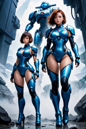 2 girls, looking around, weapons at the ready, dynamic stance, huge breasts, huge curvy hips, narrow waist, skinny, skin tight battle suit, cerulean blue, armor, futuristic, sci-fi, cyberware, cybertech, unexplored world, mist, ancient marvelous structures, ultra highres, atmosphere of mystery and danger, (detailed face:1.2), (detailed eyes:1.2), detailed background, intricate, foggy landscape, masterpiece