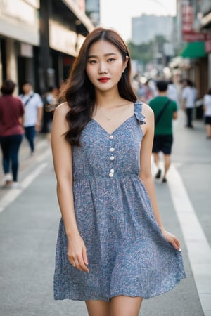 photo of a beautiful korean girl in floral printed sundress, on Seoul street