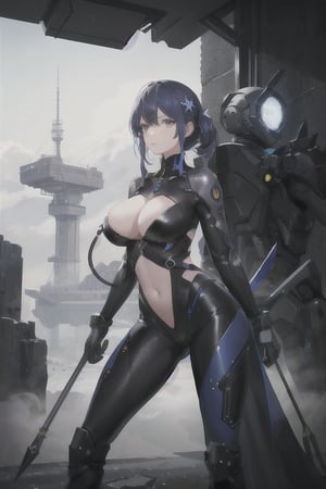 2 girls, looking around, weapons at the ready, dynamic stance, huge breasts, huge curvy hips, narrow waist, skinny, skin tight battle suit, cerulean blue, armor, futuristic, sci-fi, cyberware, cybertech, unexplored world, mist, ancient marvelous structures, ultra highres, atmosphere of mystery and danger, (detailed face:1.2), (detailed eyes:1.2), detailed background, intricate, foggy landscape, masterpiece, best quality,xxmix_girl