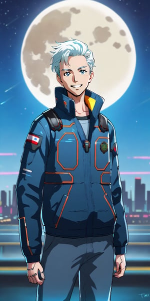 A handsome 18-year-old teenager with white hair and intricate blue eyes, 
The teenager, wearing a British tweed suit, faces the camera with a radiant smile.
The background features a large moon and a sky full of stars.
Reminiscent of cyberpunk style. 
Delicate, refined, a masterpiece.