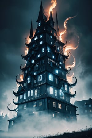 A black building, resembling Munch's paintings, features numerous curling structures and decorations akin to octopus tentacles. It has stripes emitting blue flames, evoking an indescribable sense of horror and oppression. The building is situated in the bottom right corner of the image, with a background of gray and white, foggy sky, occupying only a small portion.