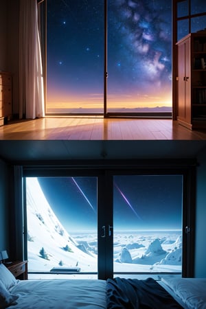 A room without a roof, the room is on top of a big tree,
The room is full of white beds. Outside the top of the room is the universe with the Milky Way, and outside the window is the seabed.