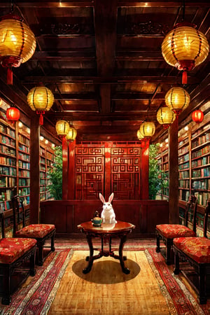 Inside a Chinese-style room, the ceiling is adorned with many lanterns. left and right wall are bookshelfs, and in the center at the bottom is a tea table. At the bottom, there are chairs on both sides. A rabbit sits on the table.