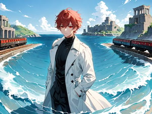 A mysterious and handsome 25-year-old man with red medium short hair hair and intricate red eyes, 
Wearing a fantastical white trench coat with black stripes over a black turtleneck, and black dress pants.
The man stands on the surface of the ocean, his eyes half-closed and expressionless as he gazes to the right side of the scene, with his hands in his pockets and his clothes billowing.
The background features ancient ruins floating on the ocean, with a railway track in the center of the scene leading to the ruins.
Delicate, refined, a masterpiece.