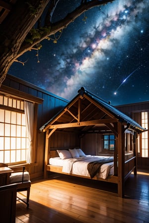 A room without a roof, nestled in a large tree,
filled with white beds.
Above the room's top, the universe with the Milky Way.
outside windows, bottom of ocean.