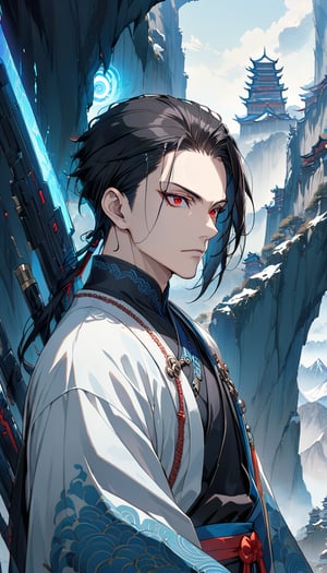 A handsome 35-year-old man with black hair and intricate red eyes, one of his eye is cybernetic eye.
The man's hairstyle is a slicked-back hair with a low bald fade.
The man is wearing traditional blue taoist clothing.
The man stands sideways, holding a sword, and gazing into the distance.
The background features a light blue color scheme, depicting layers of towering mountains with numerous Chinese-style fortresses scattered across them,
cyber cabes.
Delicate, refined, a masterpiece.