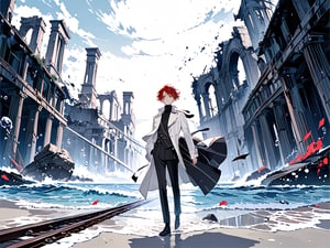 A mysterious and handsome 25-year-old man with red medium short hair hair and intricate red eyes, 
Wearing a fantastical white trench coat with black stripes over a black turtleneck, and black dress pants.
The man stands on the surface of the ocean, his eyes half-closed and expressionless as he gazes into the distance.
The background features ancient ruins floating on the ocean, with a railway track in the center of the scene leading to the ruins.
Delicate, refined, a masterpiece.