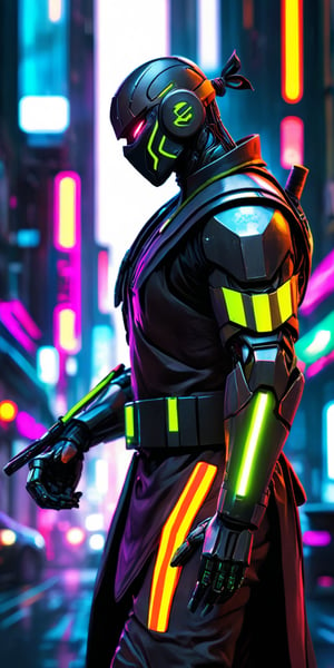 A robotic ninja with fluorescent stripes.
The ninja is mading a ninja mudra and carrying a sward.
The background is a cyberpunk city.
Delicate, refined, a masterpiece.
