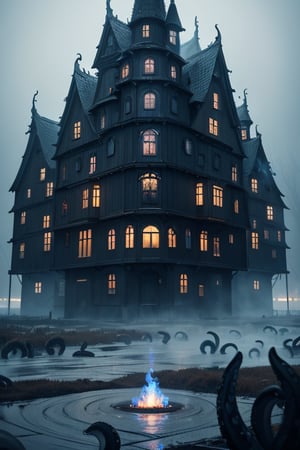 A black building, resembling Munch's paintings, features numerous curling structures and decorations akin to octopus tentacles. The building has many cracks emitting blue flames, evoking an indescribable sense of horror and oppression. Positioned in the bottom right corner of the image, the building occupies only a small portion against a background of gray and white, foggy sky.