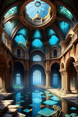The ruins of an ancient European-style palace with a 20-meter high ceiling. The roof has a patterned latticework with glass covers over the openings. The ruins are located underwater, with numerous marine life inside.