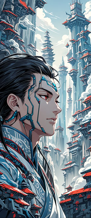 A handsome 35-year-old man with black hair and intricate red eyes, one of his eye is cybernetic eye.
The man's hairstyle is a slicked-back hair with a low bald fade.
The man is wearing traditional blue taoist clothing.
The man stands sideways, and gazing into the distance.
The background features a light blue color scheme, depicting layers of towering mountains with numerous Chinese-style fortresses scattered across them,
cyber cabes.
Delicate, refined, a masterpiece.