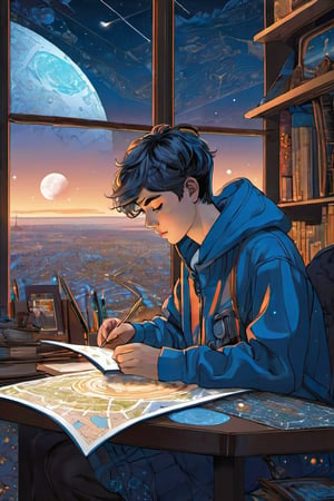 A handsome 18-year-old boy with gray short hair and intricate blue eyes.
The teenager, wearing an intricately patterned hoodie, sits at a desk, intently drawing a map. 
The desk is covered with numerous books and various curious instruments. 
Outside the window, the sky features a full moon and a starry night, while the ground showcases high-tech railways and futuristic buildings.
Reminiscent of cyberpunk style. 
Delicate, refined, a masterpiece.