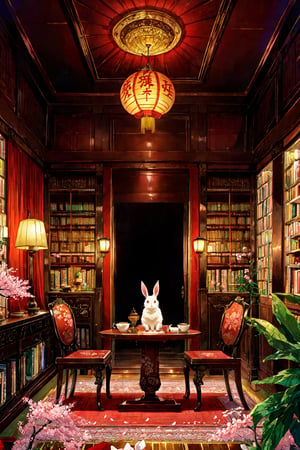 Inside a Chinese-style room, the ceiling is adorned with many lanterns. left and right wall are bookshelfs, and in the center at the bottom is a tea table. At the bottom, there are chairs on both sides, and cherry blossoms on the right side of the scene. A rabbit sits on the table.