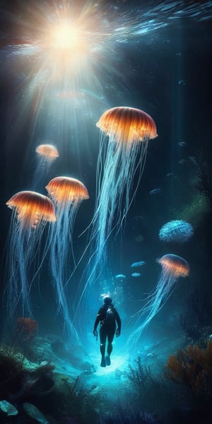 A diver is at the bottom of the sea, facing away from the scene, swimming upwards towards the surface. Sunlight streams into the water from above. The diver is surrounded by many jellyfish with glowing stripes.