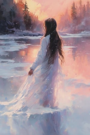 oil painting, watercolor wash splash, brush stroke texture, negative space, void, empty space, 

1girl, (cute young girl), scarf, (very long straight hair floating in the air), full body, floating long white translucent iridescent skirt shining like crystal glass and water reflecting light, (backlight:0.5), (silhouette:0.1), bare foot, foreground blur, 

The background is heavily snowing cascading mountains ridges, harsh blizzard, cliff, misty lake, very chilly cold and windy, snowflakes splashing light in air, romantic atmospheric, golden hour, golgen pink sunset, 
