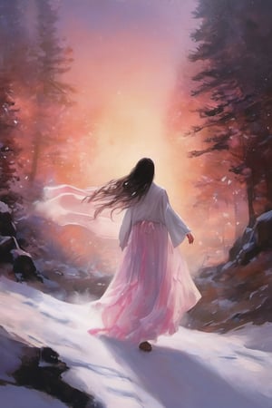 oil painting, watercolor wash splash, brush stroke texture, negative space, void, empty space, 

1girl, (cute young girl), scarf, (very long straight hair floating in the air), full body, floating long white translucent iridescent skirt shining like crystal and water reflecting light, (backlight:0.5), (silhouette:0.1), bare foot, foreground blur, 

The background is heavily snowing cascading mountains ridges, harsh blizzard, cliff, misty lake, very chilly cold and windy, snowflakes splashing light in air, romantic atmospheric, golden hour, purple pink sunset, 
