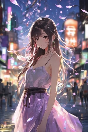 (anime:1.4), (((studio anime))), best quality, masterpiece, highly detailed foreground, ambient lighting, ultra-fine painting, extreme detail description, bokeh, side view, beautiful rendering, (blurry realistic very low saturation background), professional, healing,

1girl, beautiful young girl, delicate hair with crystal leaf shape accessories, crystal earrings, (very long straight hair floating in the air blow by the wind), upper body, face closeup, vacant eyes look into distance, floating long light purple translucent iridescent skirt like crystal and water, (backlight:1.4), (silhouette:1.1),

night, background is japanese traditional street, colorful maple leaves, sparkling light on the water's surface, blurry foreground, water splashing light in air, romantic atmospheric background