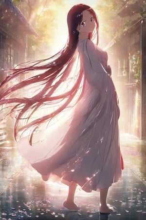 anime, (studio anime:1.3), masterpiece, best quality, high-res, extremely detailed, perfect lighting, bokeh, beautiful rendering, professional, paintbrush, lonely, 
1 woman, beautiful young woman, delicate eyes, pink lips, delicate hair with leaf shape accessories, (very long straight hair flowing), full body, side view, flowing long white skirt like crystal and silk, (backlight:0.5), (silhouette:0.1),
daylight, japanese traditional street, sakura blossom, sparkling light on the wet ground, petals splashing light in air, romantic atmospheric background