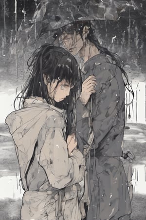 japanese comic style, I meet her in a summer, I was a boy and she is a girl, I remember that day, it raining, just the noon, we are both soaked wet, the rain is so heavy we can not see far but only each other, still we can see the sun, I don't know why, but the rain and the sun is both there, we hold each other, we kissed in the rain, it was warm, it was wet, I can taste the water flowed alone her face, the water flow into my mouth, it is so sweet, I know is it rain, but it is sweet, I feel so thirsty, I want to hold her as hard as I can. It has been 20 years, but I still remember the rain the day.